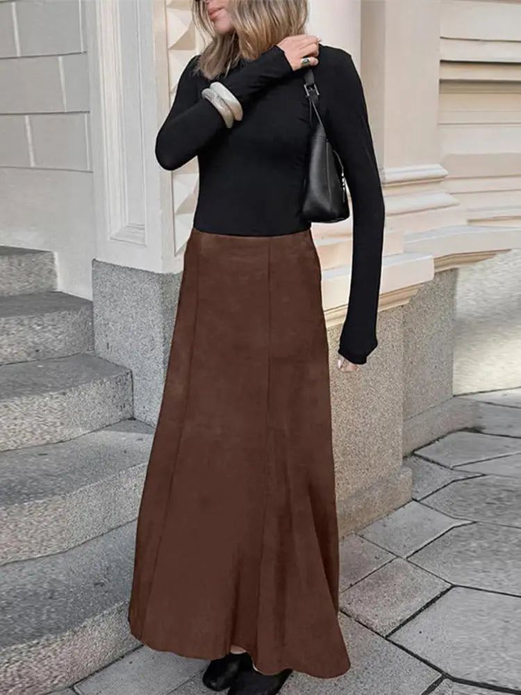 maoxiangshop - Elegant Suede Brown Women Skirts High Waist Pleated Slim Female Skirt 2024 Autumn Winter Zipper Office All Match Lady Party Wear