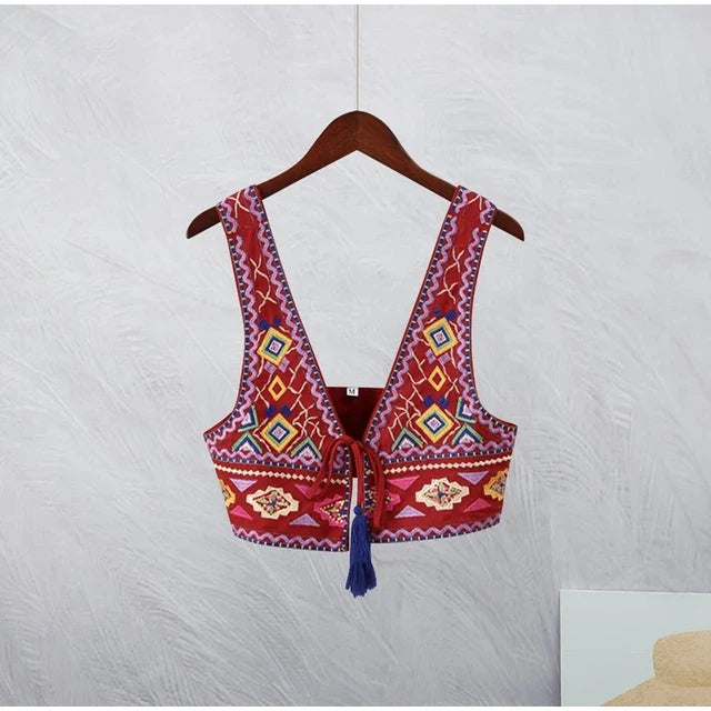Sleeveless Backless Short WaistCoat Tops Fashion Ladies Highstreet Outfits Vintage Embroidery Tassel Lace Up Vest For Women Sexy