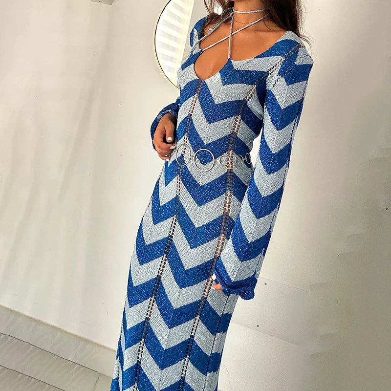 maoxiangshop - Autumn New Lace Up Hollow Sexy Beach Cover Up Dress Women's Stripled Long Sleeve Slim Elegant Knitted Maxi Dress V Neck