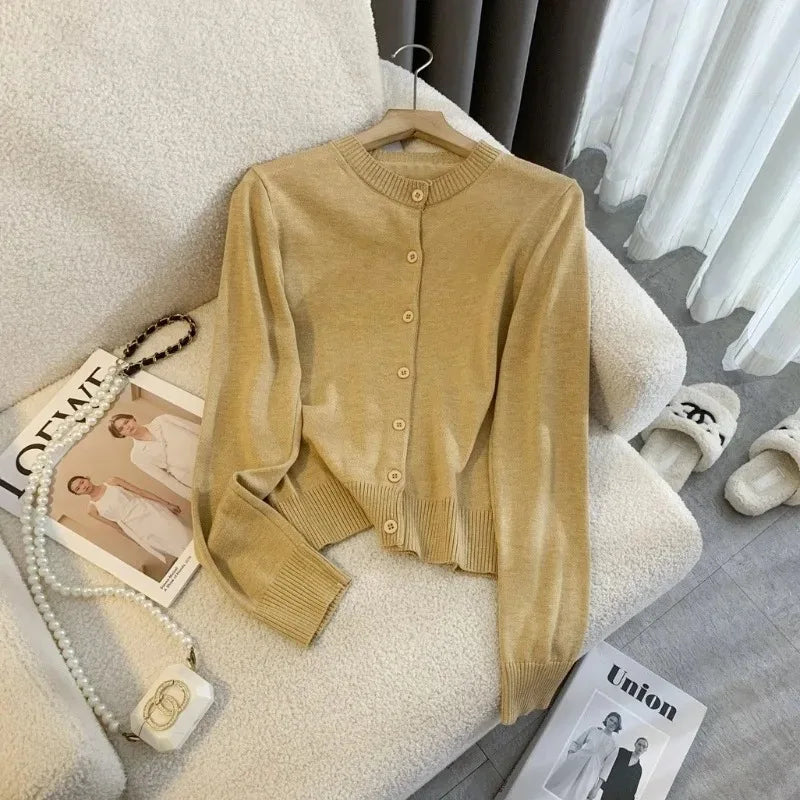 maoxiangshop - Knitted Slim Cardigan Women's Autumn Solid Single-Breasted Long-Sleeved Cardigan Top Casual Loose Short Knitted Cardigan