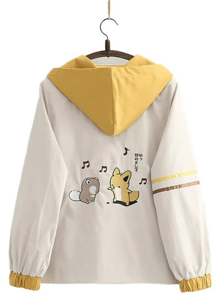 Women Hooded Jackets Cartoon Embroidery Long Sleeve Zipper Coats Autumn Sweet Style Cotton Casual Harakuju Outwears
