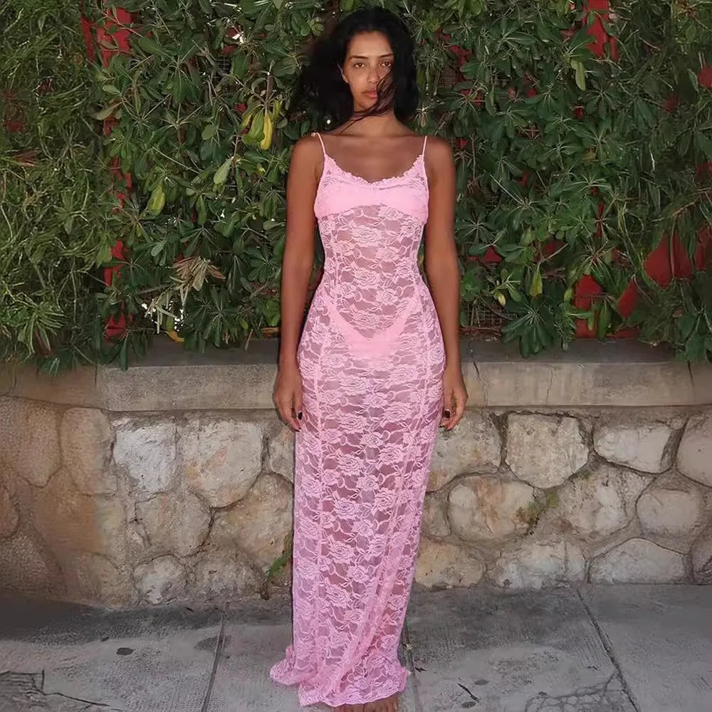 maoxiangshop-Women Elegant Party Club Evening Streetwear pink Lace See Through Long Dress 2024 Summer Wholesale Items For Business