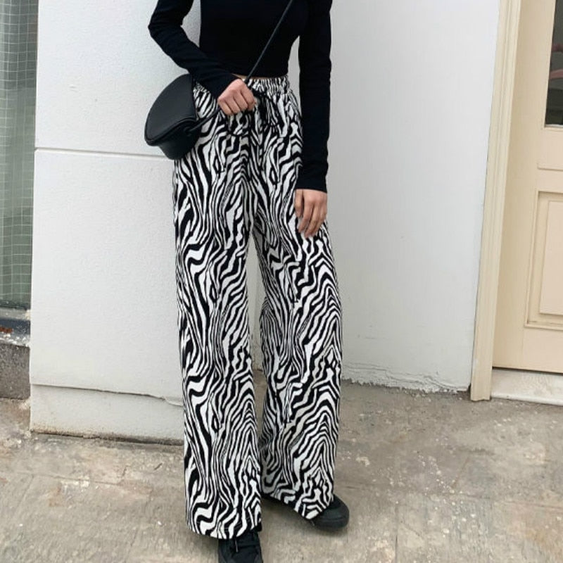 maoxiangshop Pants Women Lace-up Adjustable Zebra Pattern Striped Fashionable Loose Leisure Stylish Straight Trousers Womens Comfortable Chic