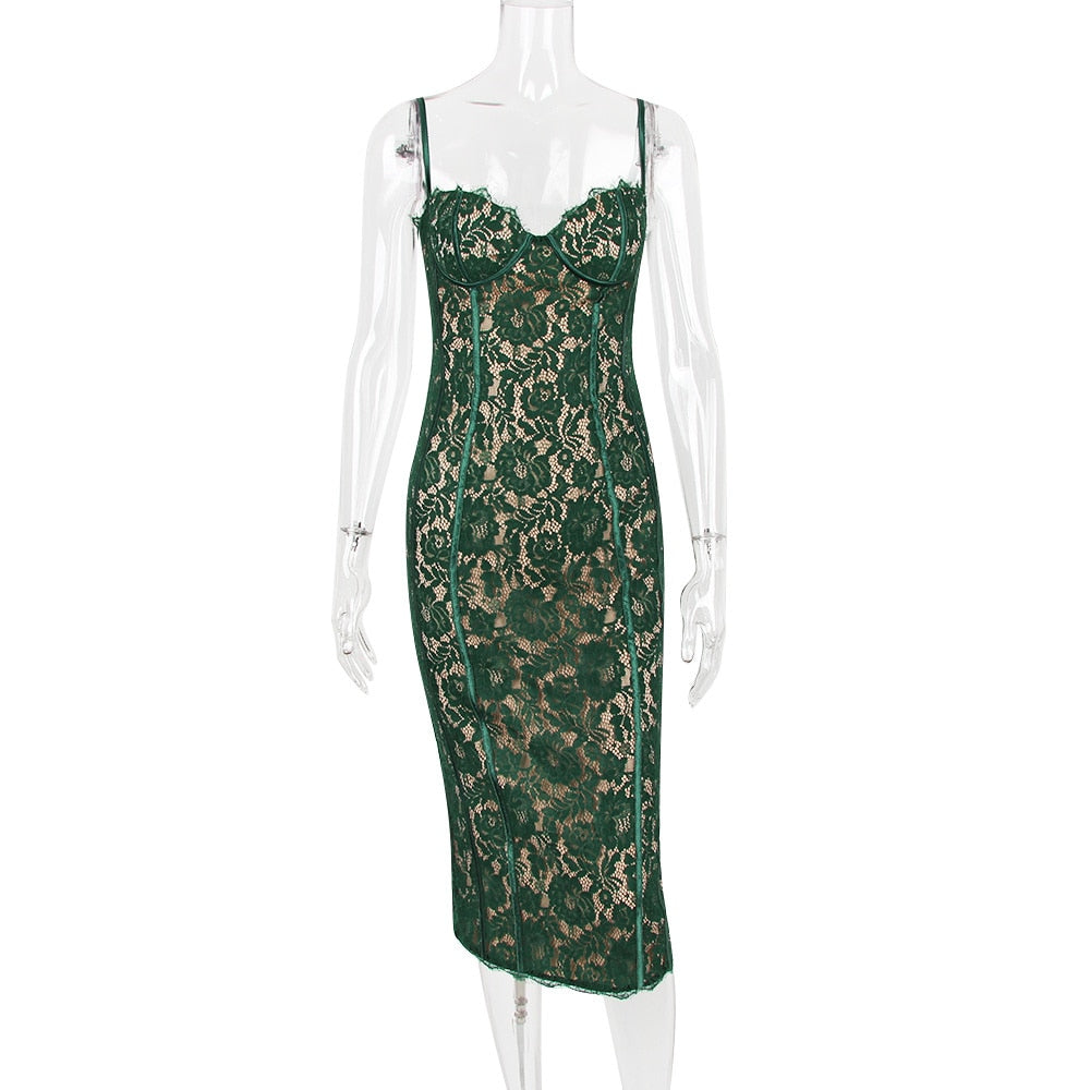 maoxiangshop Elegant Lace Spaghetti Strap Sexy Midi Dress For Women Fashion Sleeveless Backless Club Party Print Long Dress Vestido