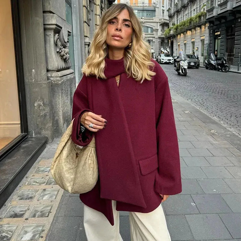 maoxiangshop - Elegant Woolen Coats With Scarf Collar Women Casual Loose Single Breasted Jackets Female Autumn Chic High Street Outwear Tops 