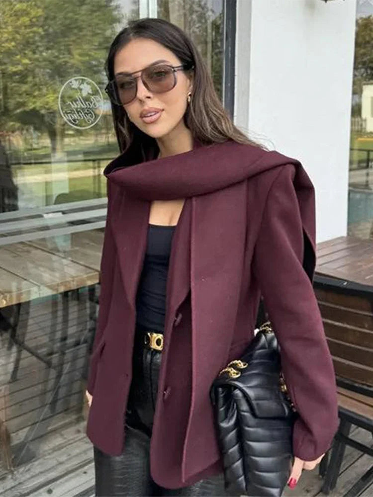 maoxiangshop - cold weather outfuts Wine Red Woolen Coat Women Fashion Lapel With Scarf Long Sleeve Female Coats 2024 Winter Single-breasted Loose Lady Outwear
