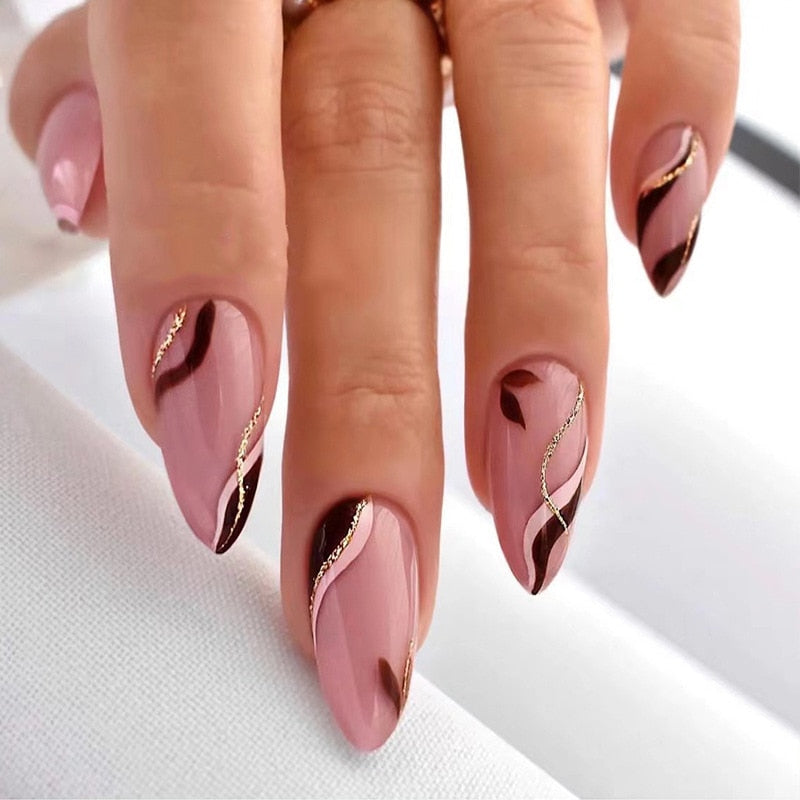 24Pcs False Nails With Glue Almond Pink Butterfly Design Detachable Rhinestones Acrylic Fake Nails long stiletto Press On Nails