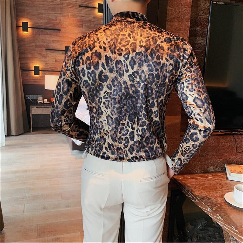 maoxiangshop Flannel T-shirt Winter Men High Collar Pullover Fashion Leopard Slim Fit T-shirt Long Sleeved Velvet Casual Bottoming Shirt