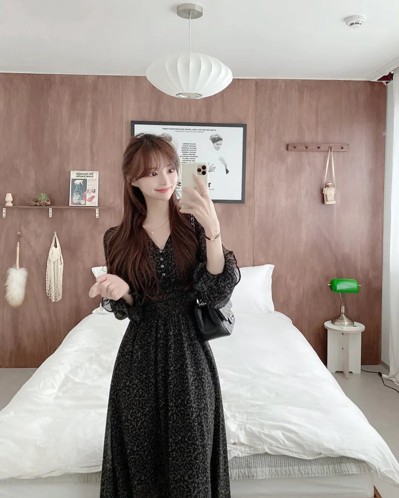 maoxiangshop Korean Floral Print Midi Dresses for Women Summer New Pleated Slim Waist V-neck Long Sleeves Chiffon Sweet Female Clothing