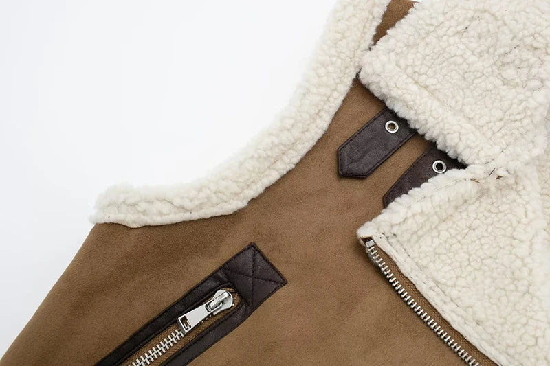 maoxiangshop - Brown Patchwork Pocket Fur Teddy Coats Autumn Sleeveless Thicken Covered Button Cardigan Vest 2023 Female Loose Street Waistcoat