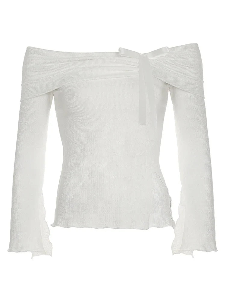 maoxiangshop - Off Shoulder Bows Tie Slit Top Women Flared Long Sleeved Solid Slim Versatile T-shirt Spicy Girl Autumn/Winter Streetwear