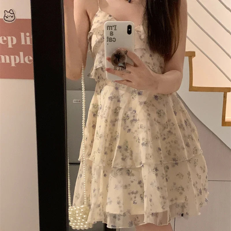 maoxiangshop DRESS TO IMPRESS Sweet Dresses for Women Fashion Floral Korean Summer Robe Femme Temperament Chiffon A-line Dress Vestidos De Mujer