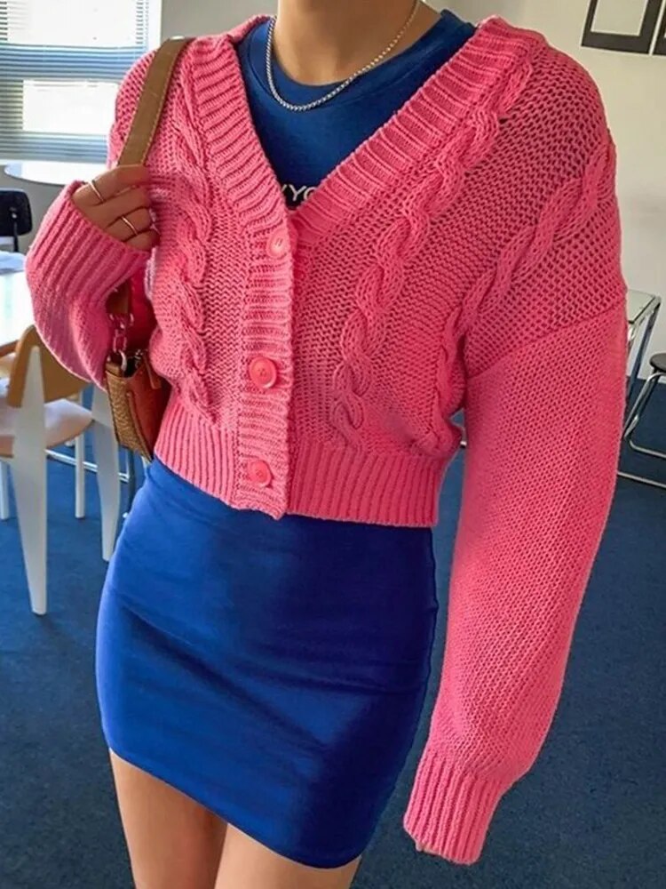 maoxiangshop Chunky Crop Cardigan for Women Pink Blue Green V-Neck Button Up Cable Knit Sweater Jacket Autumn Winter