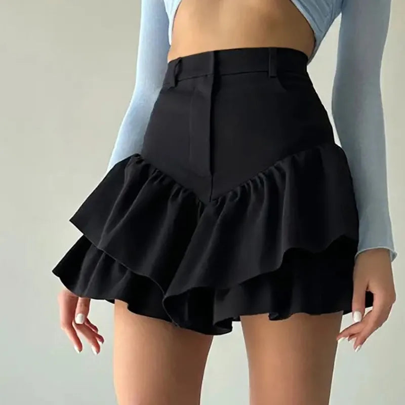 maoxiangshop - Black Mini Skirt Women Korean Fashion High Waist A-line Cute Sexy Layered Ruffles Skirt Shorts Summer Streetwear Casual