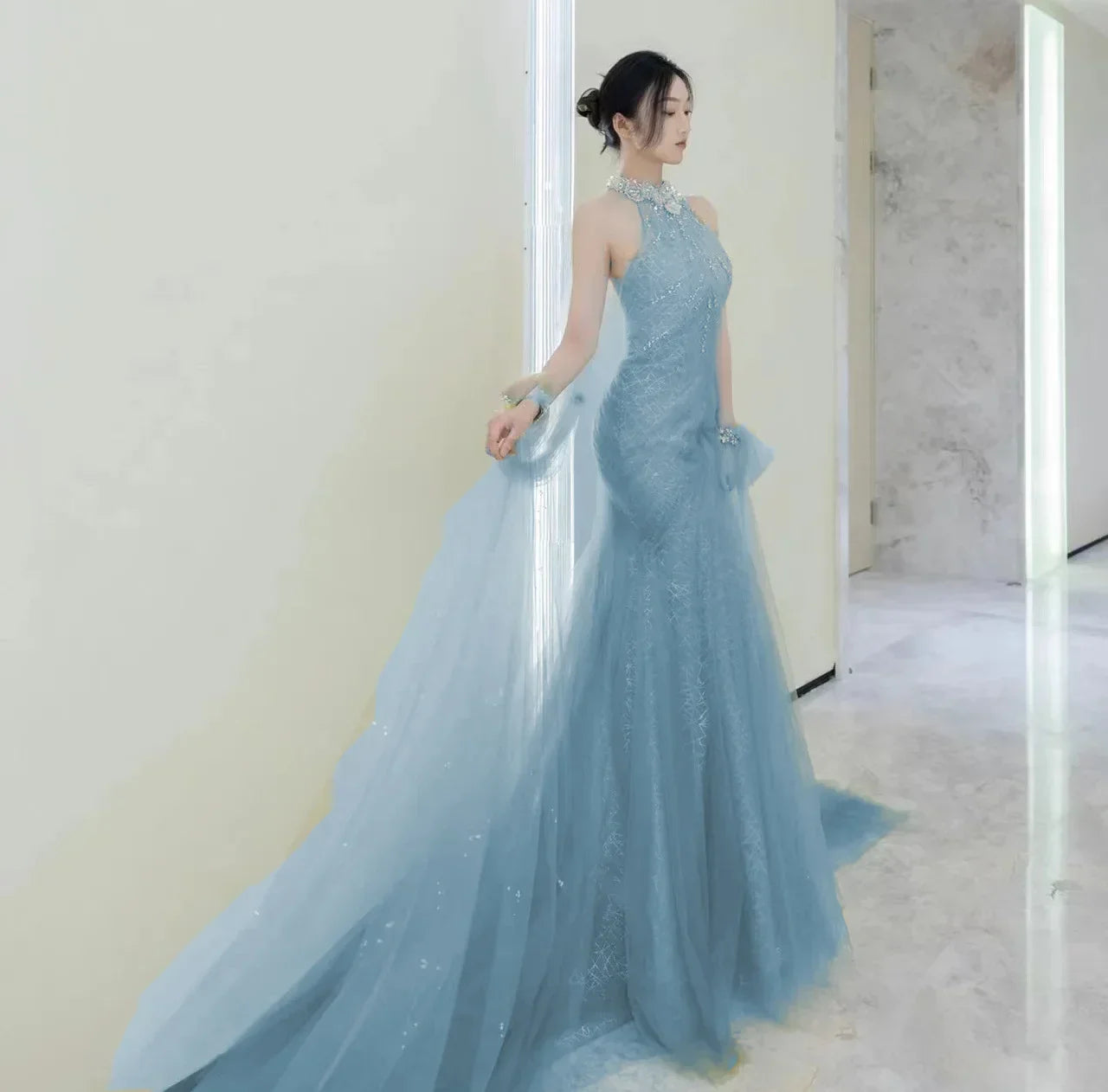 maoxiangshop Evening Party Dress Women's Sleeveless Pearl Halter Elegant Dubai Banquet Gown Elegant Ladies Prom Dresses for Women Vestidos