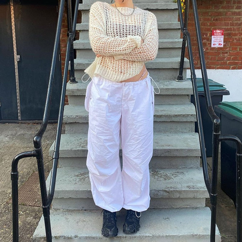 maoxiangshopWomen Y2K Cargo Pants Solid Low Waist Sweatpants Drawstring Wide Leg Baggy Trousers 2023 Summer Streetwear Punk Casual Tech Pant