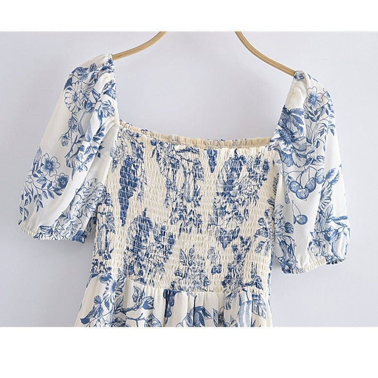 maoxiangshop New Summer Women Vintage Fruit Floral Print Square Neck Puff Sleeves Elastic Sexy Side Slit Long Midi Dress