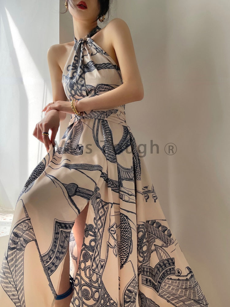 maoxiangshop Print France Vintage Elegant Dress Women Sleeveless Halter Sexy Korean Retro Dresses Designed Evening Party Long Dress New