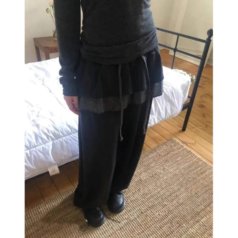 maoxiangshop - Y2k Vintage Skirt Pants Women Winter Japanese Harajuku Casual Cute Plaid Patchwork Elastic Waist Baggy Trousers New Pantalones