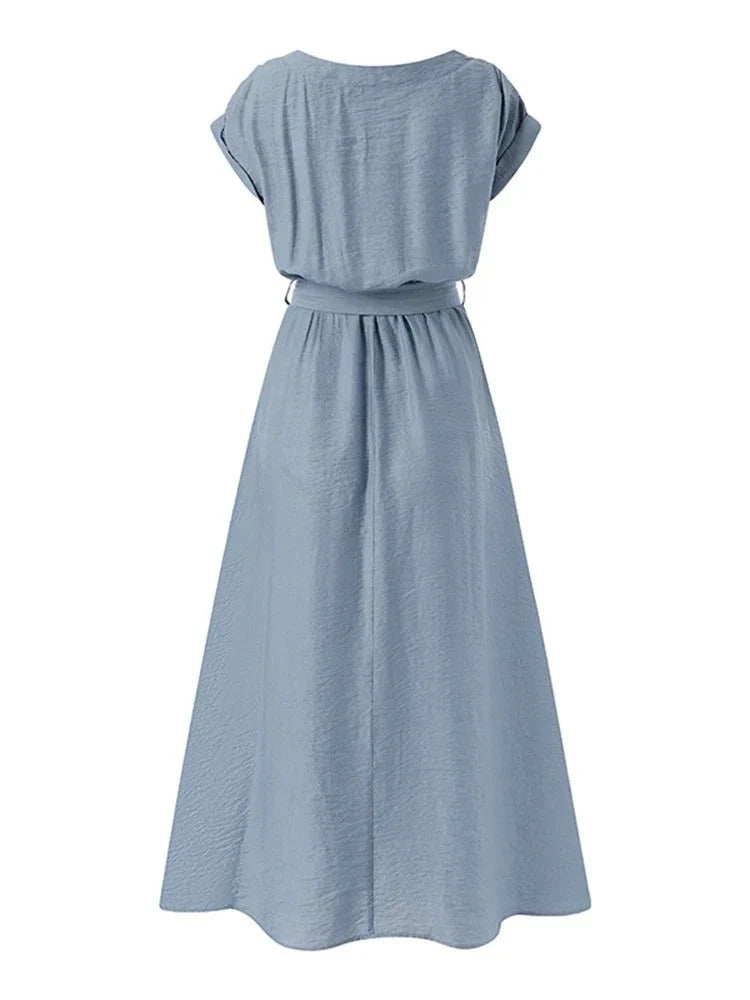 maoxiangshop Women Fashion Short Sleeve Dress Summer Elegant Party Vestidos Casual Mid-calf Sundress Femme Vintage OL Robe Kaftan