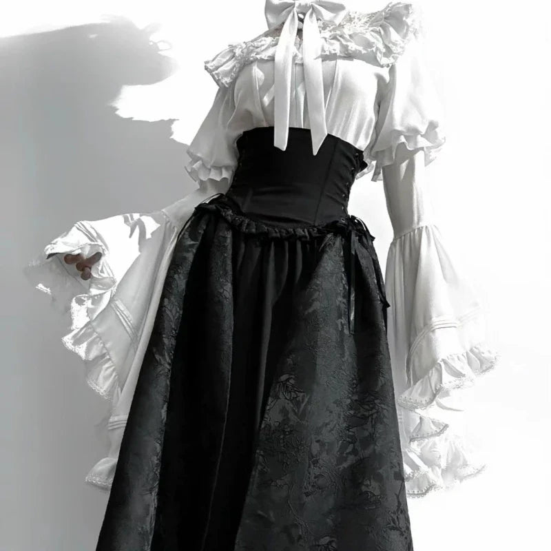 maoxiangshop - Japanese Kawaii JK Girl Sweet Cute Lolita Flare Sleeve Shirt Autumn Y2k Aesthetic Lace Patchwork Blouse Tops Women Chic Blusas