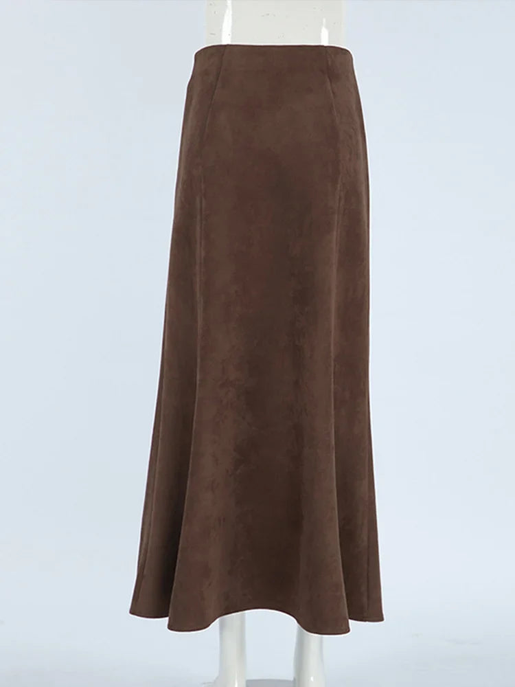 maoxiangshop - Elegant Suede Brown Women Skirts High Waist Pleated Slim Female Skirt 2024 Autumn Winter Zipper Office All Match Lady Party Wear