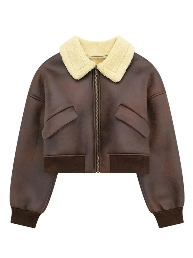 maoxiangshop - Chic Long Sleeve Lapel Double Side Motorcycle Coat Fashion Warm Pocket Zipper Jackets Autumn Winter Woman High Street Coats