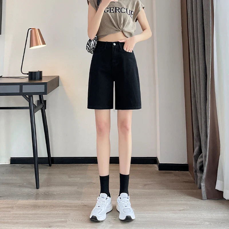 maoxiangshop Y2k Baggy Shorts Pants Women Summer Vintage Blue Wide Leg Denim Short Korean Fashion Casual Female Knee Length Jeans Mujer