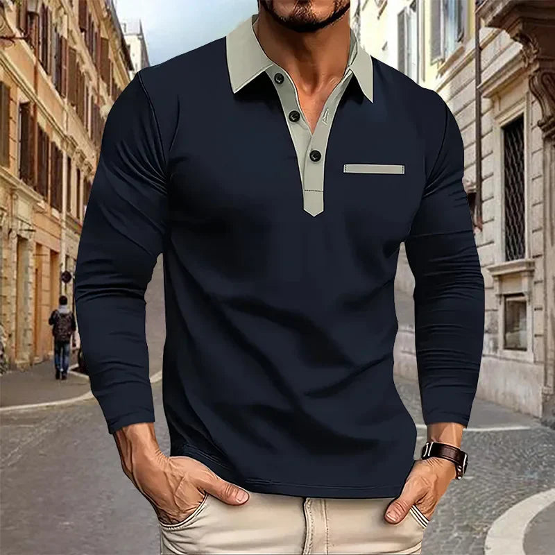 maoxiangshop 2024 Autumn Men's Polo Shirt Lapel Pocket T-shirt Men's Breathable Business Casual Long sleeved