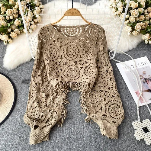 maoxiangshop Bohimian Sweater Women O-neck Lantern Sleeve Tassel Female Causal Crochet Tops Ladies Knitted Hollow Out Sweaters Dropshipping