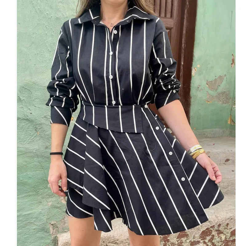 maoxiangshop - Women Mini Shirt Dress Autumn New Single Breasted Dress Female Vintage Striped Long Sleeve Dress Lady Casual Slim Dresses