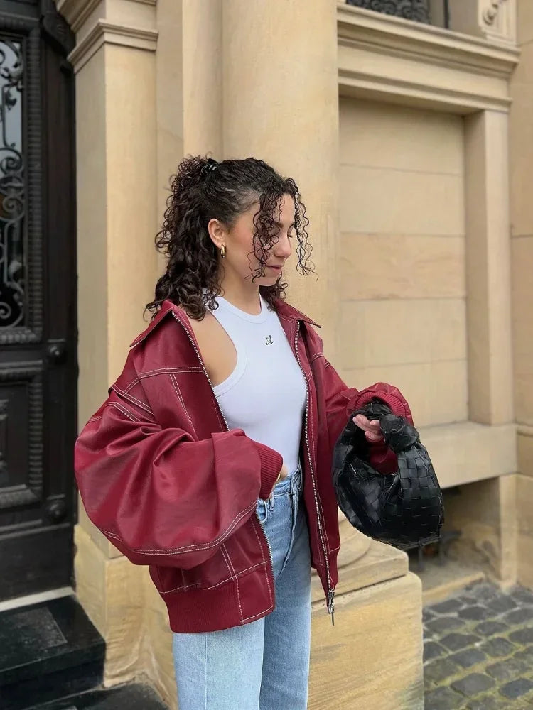 maoxiangshop - Chic Wine Red Leather Contrast Stitch Jacket Fashion Oversized Zipper Long Sleeve Women Coat 2024 Autumn Casual Office Outerwear