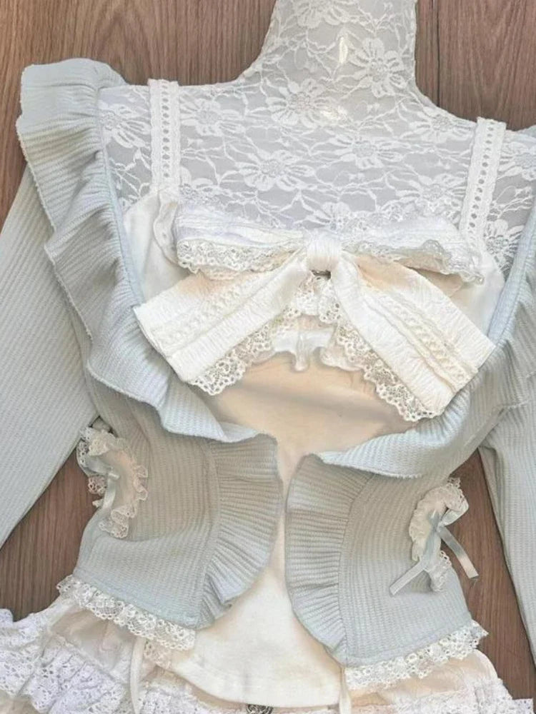 maoxiangshop - Sweet 3 Piece Sets Women Harajuku Ruffled Cardigan + Lace Patchwork Bow Vest + Mini Cake Skirts Cute Y2k Aesthetic Outfits Suit