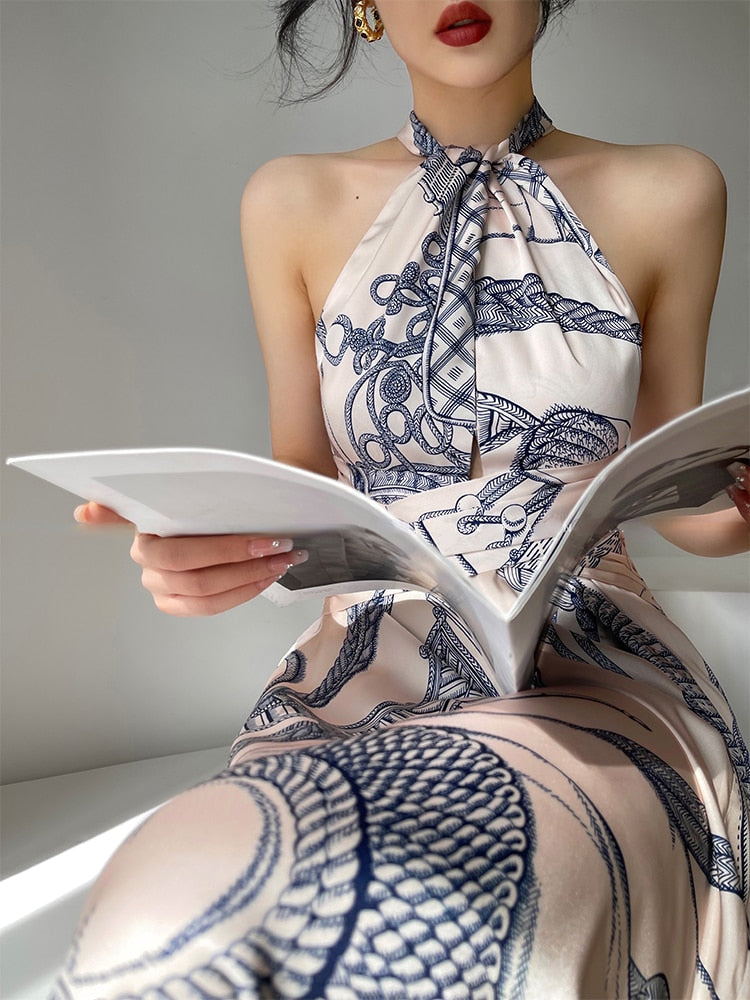 maoxiangshop Print France Vintage Elegant Dress Women Sleeveless Halter Sexy Korean Retro Dresses Designed Evening Party Long Dress New