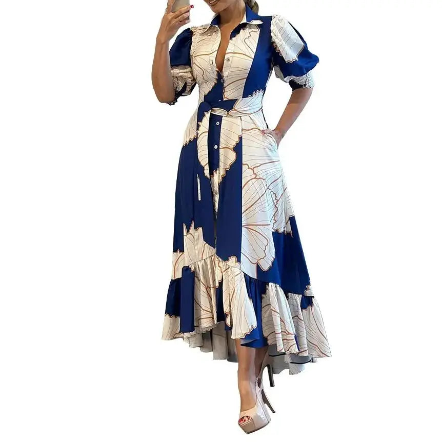 maoxiangshop Women Floral Print Long Dress Summer Casual Turn-down Collar Half Sleeve Loose Big Swing Dress Female Vintage Beach Maxi Dress