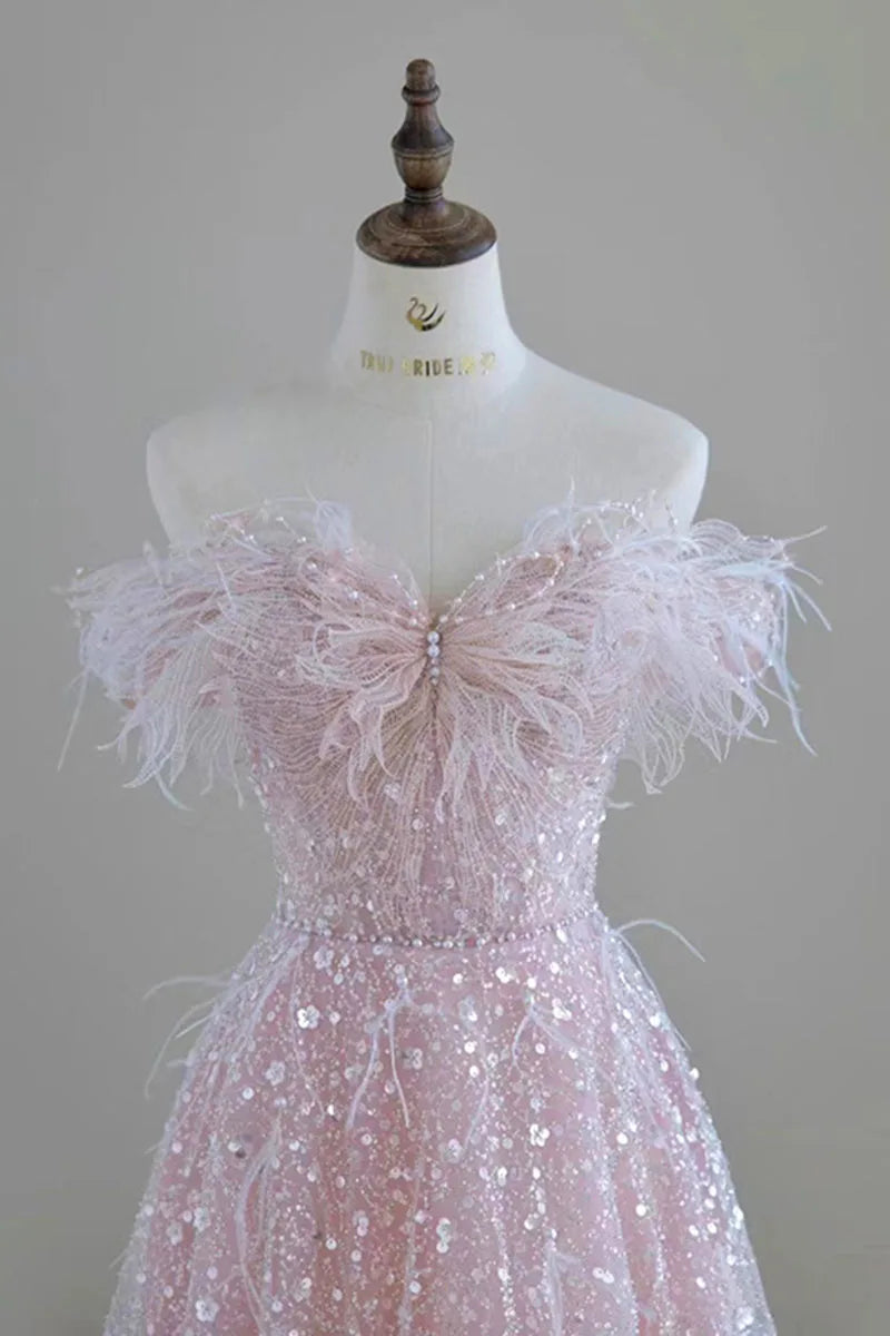 maoxiangshop Luxury Pink feather Prom dresses women advanced light luxury a word shoulder fairy Evening dress high-end party gown
