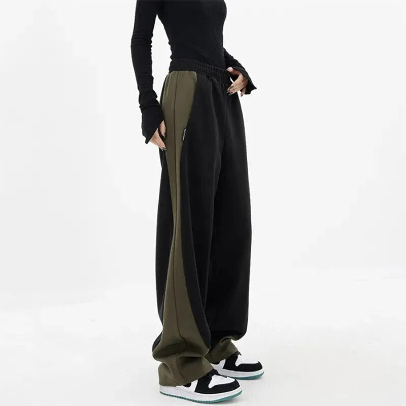 maoxiangshopHip Hop Women Contrast Color Wide Leg Pants Spring Summer Streetwear Fashion Elastic Waist Loose Sports Casual Straight Trousers