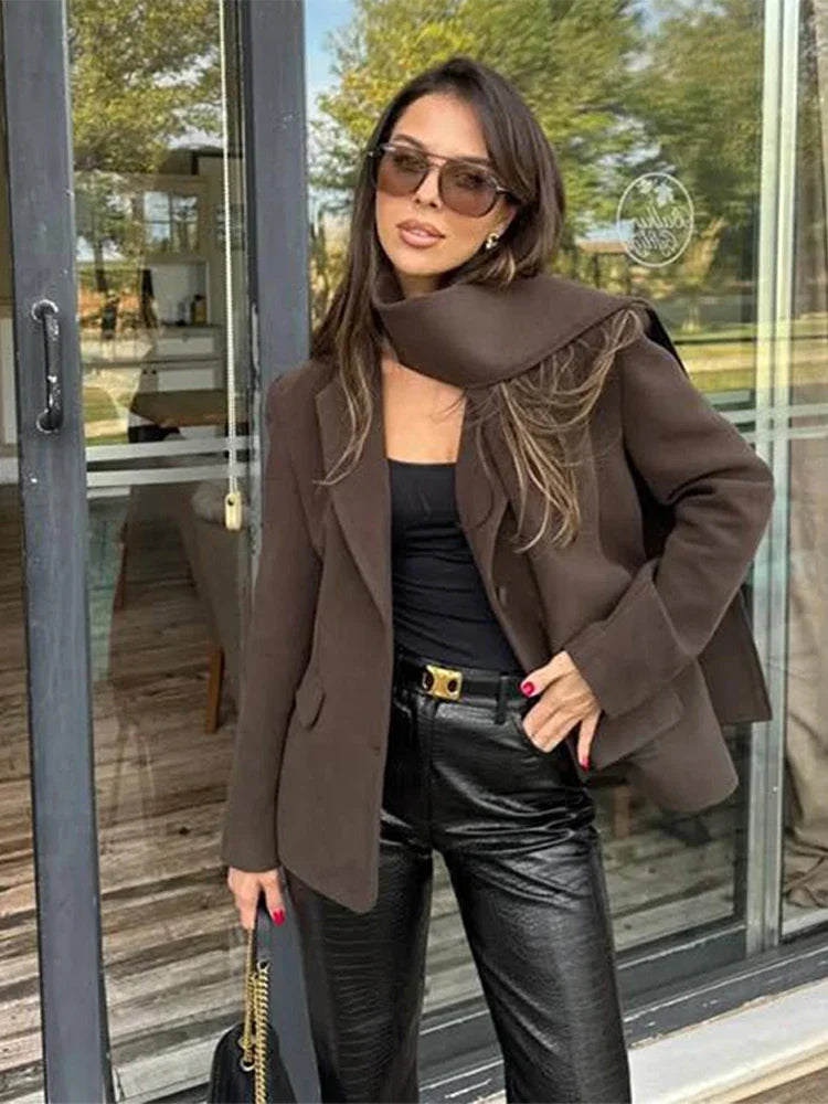 maoxiangshop - cold weather outfuts Wine Red Woolen Coat Women Fashion Lapel With Scarf Long Sleeve Female Coats 2024 Winter Single-breasted Loose Lady Outwear