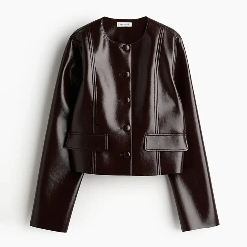 maoxiangshop - Fashion PU Leather Coat Skirt Sets Women 2024 Autumn Winter O-neck Long Sleeve Single Breasted Jackets Top Mini Skirt Ladies Set