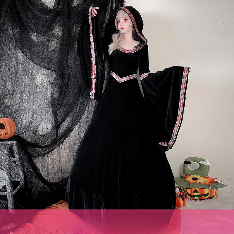 maoxiangshop - Halloween Adult Cosplay Costumes Medieval Retro Court of Europe Vampire Little Red Riding Hood Female Witch Dress 