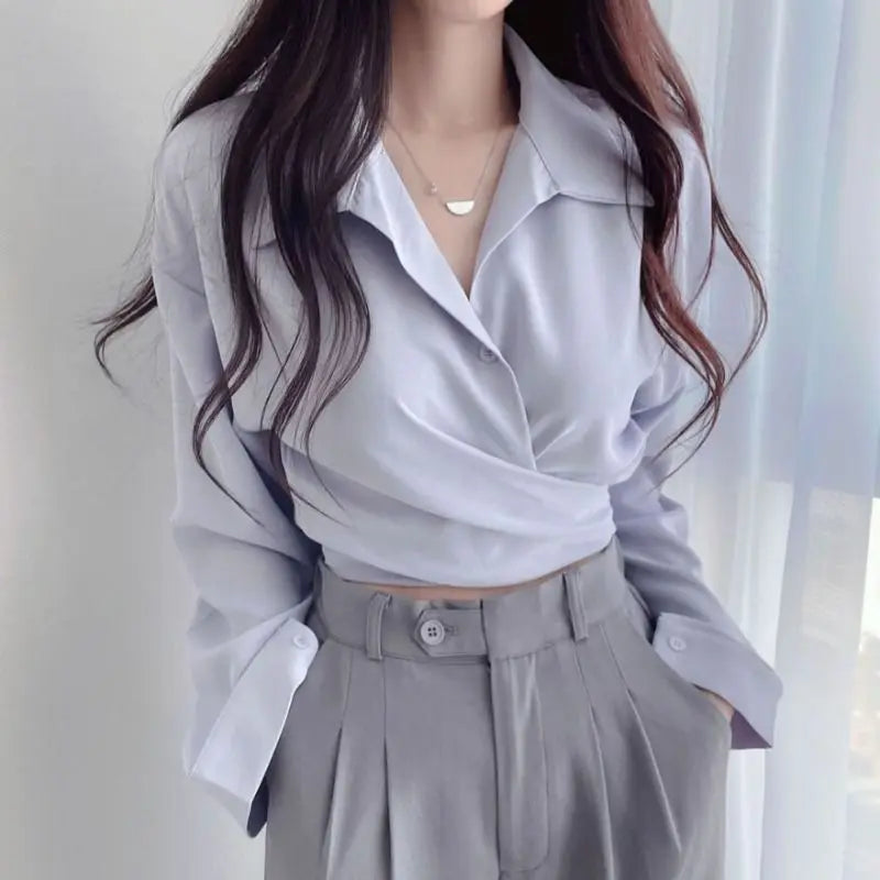 maoxiangshop White Shirts Women Spring Korean Style Temperament Pure Chic Design Tops Lace-up Lapel New Office Lady All-match Popular Daily