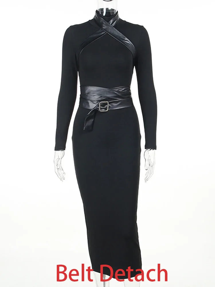 maoxiangshop Black Maxi Dress Women Sexy Punk Style Split Bandage Bodycon Dress Female Autumn Long Sleeve Turtleneck Party Club Long Dresses