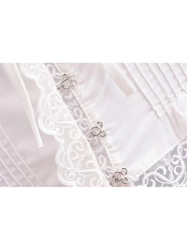 maoxiangshop - 2024 Girls Cute Bow Lace Up Elastic Slim White Vest Ladies Summer Y2k Style Lace Patchwork Ruffles Short Tops