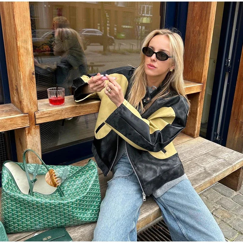 maoxiangshop - Leather Bomber Jackets Women O-neck Long Sleeve Zipper Contrast Locomotive Coat 2024 Autumn Lady New Vintage Outwear
