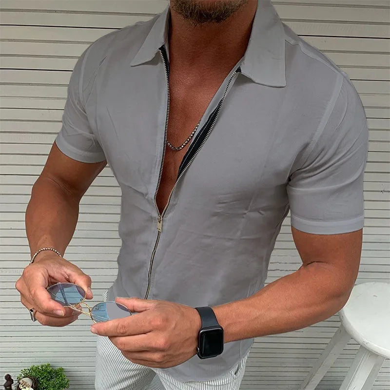 maoxiangshop Men's Light Business Office Casual Zipper Short Sleeve Shirt Slim Fit Solid Color Lapel Cardigan Fashion Tops
