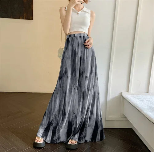 maoxiangshop Boho Vintage Long Skirts for Women Tie Dye Printed A-line Female Elegant Skirt Ladies Holiday Mid-length Maxi Skirt