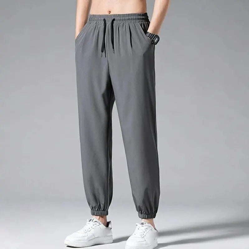 maoxiangshop Men's Summer Thin Ice Silk Quick Dry New Loose Sports Trend All Tie Feet Casual Pants Sweatpants 90s Vintage Clothes