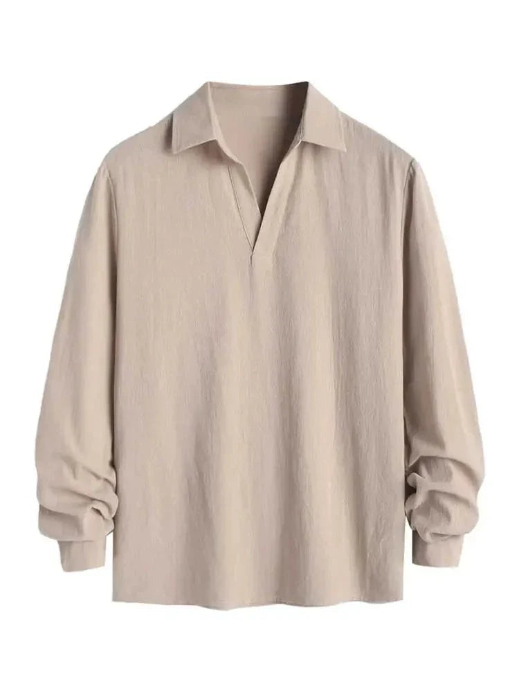 maoxiangshop Long Sleeve Men's Shirts Solid Color Linen Textured Turn Down Collar Pullover Shirt Casual Streetwear Tops