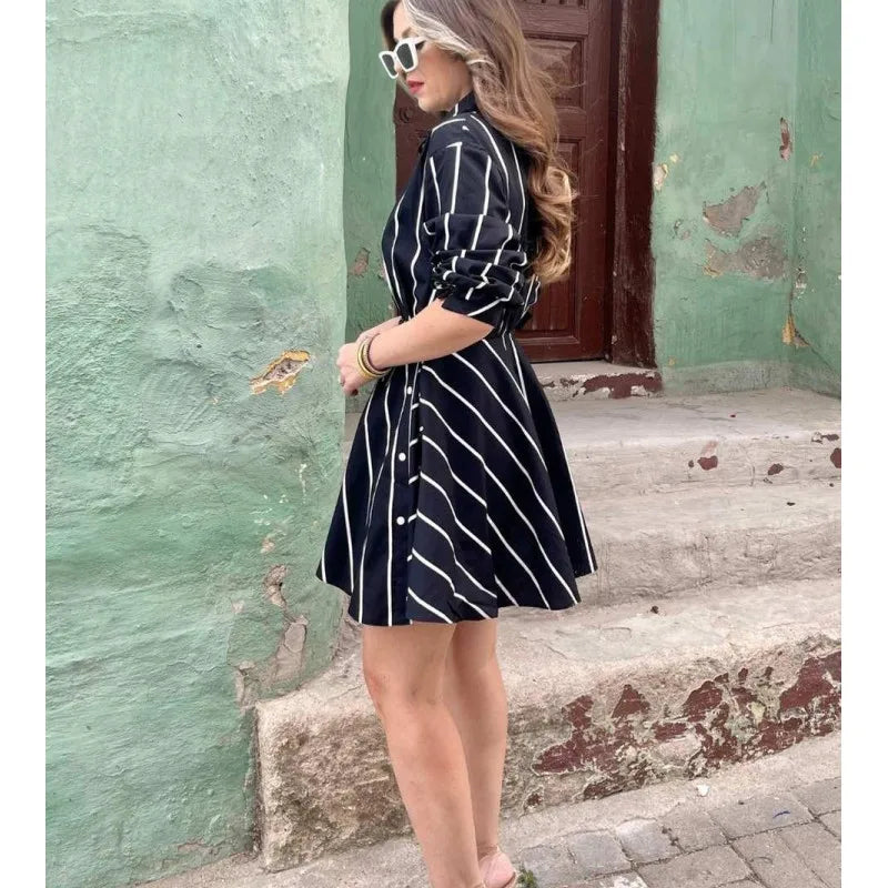maoxiangshop - Women Mini Shirt Dress Autumn New Single Breasted Dress Female Vintage Striped Long Sleeve Dress Lady Casual Slim Dresses