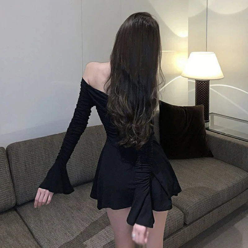 maoxiangshop Off Shoulder Long-Sleeved Dress Spring Autumn Solid Color Pleated Design Slim Fitting Sexy Short Dress Sweet And Spicy